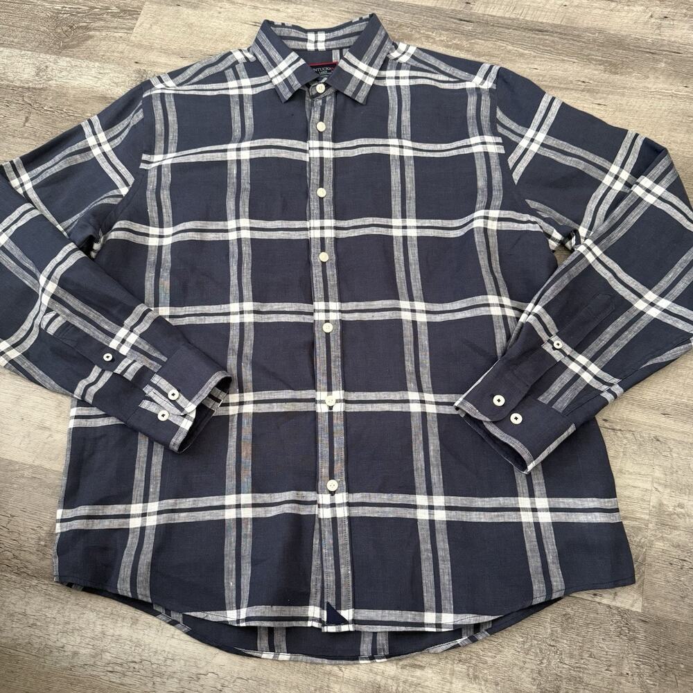 Untuckit Linen Shirt Mens Large Blue Plaid Slim Fit Wrinkle Resistant Button Up